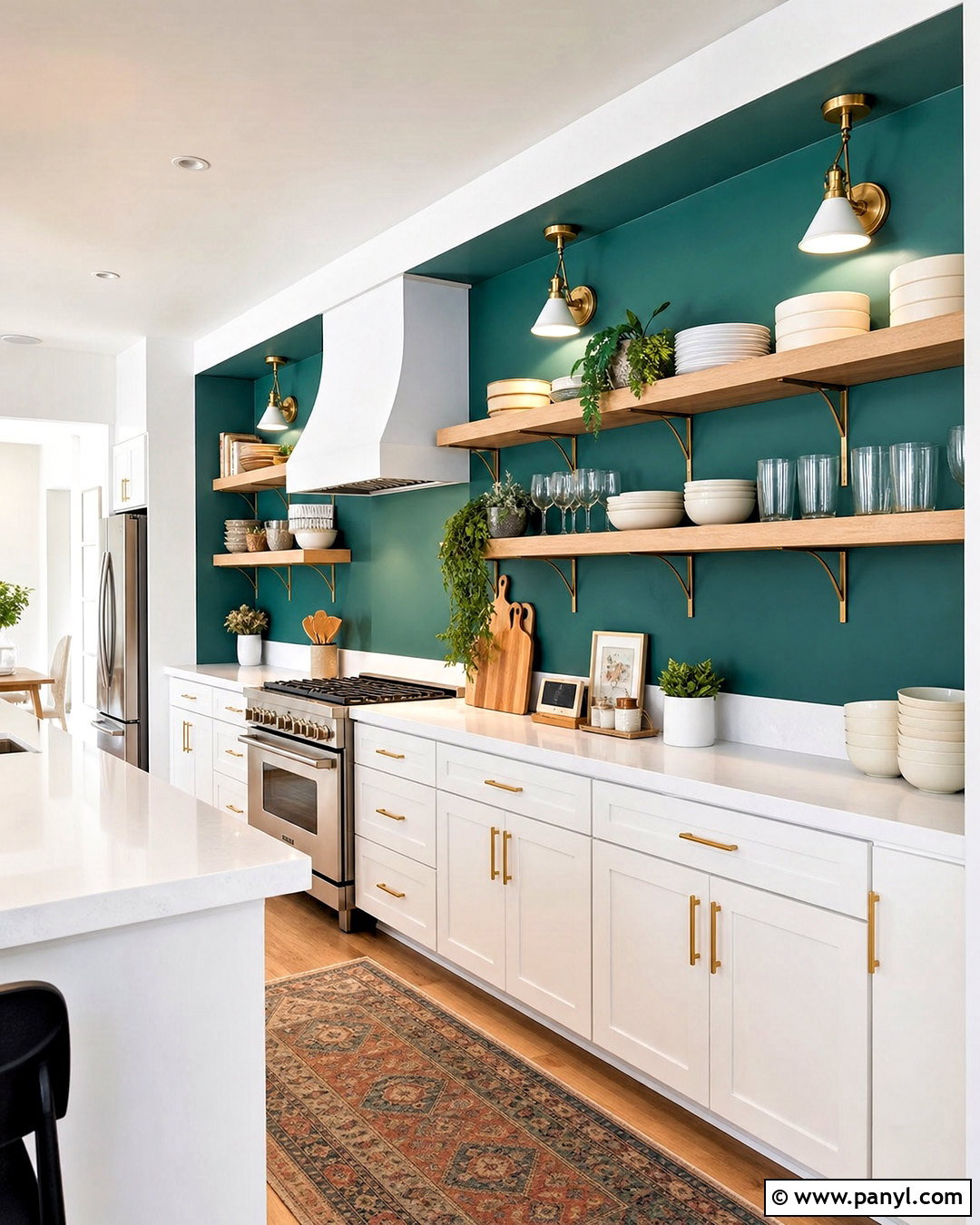 White Kitchen With Teal Open Shelving - 20 teal and white kitchen ideas