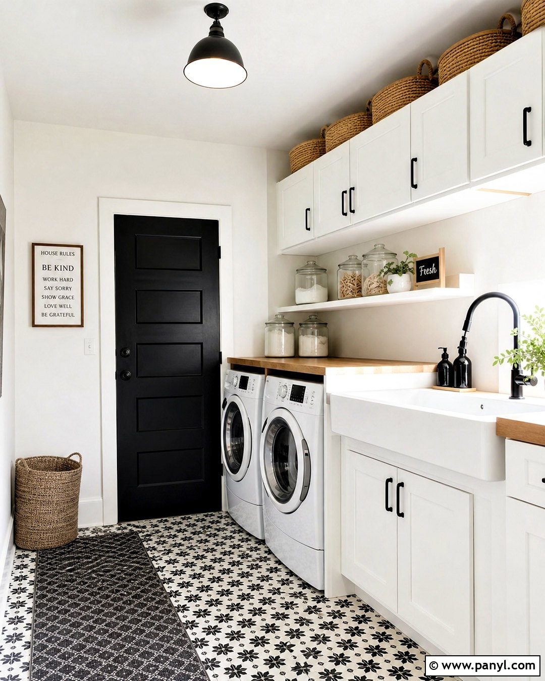 White Laundry Room With Black Door - 20 white walls with black doors