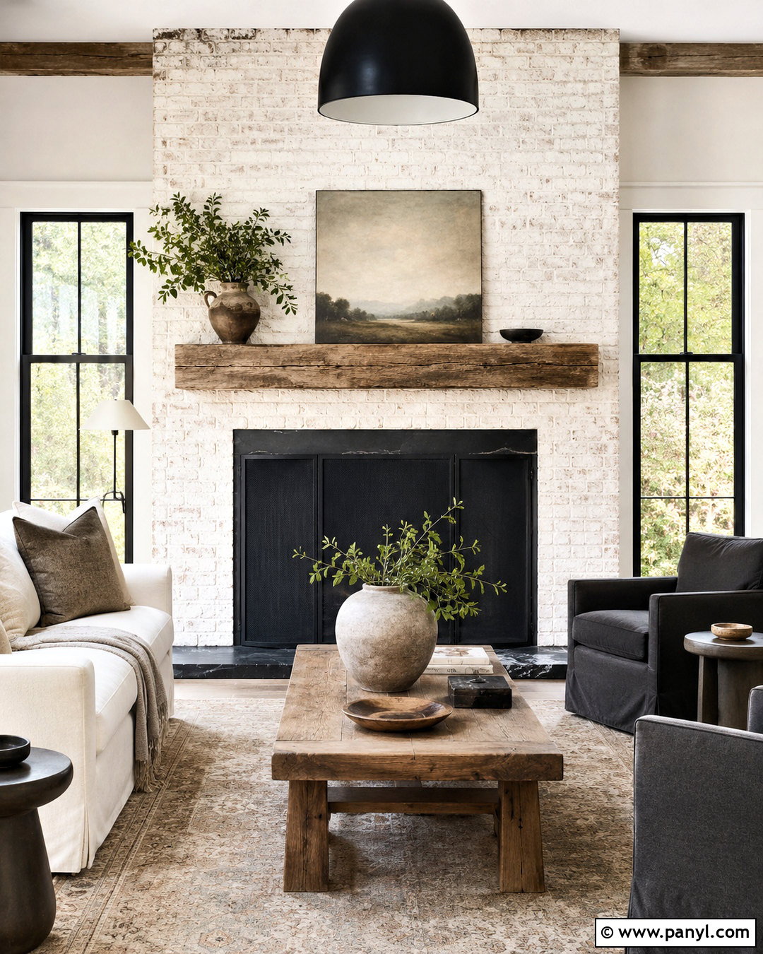 White Limewashed Brick And Black Accents Fireplace - 20 black and white fireplace ideas