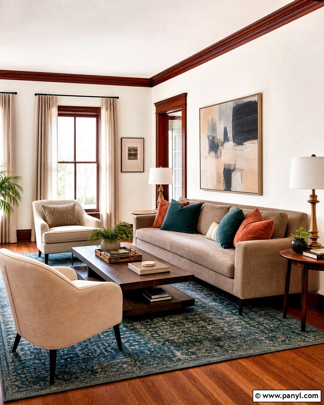 White Living Room With Cherry Trim - 20 white walls with wood trim ideas