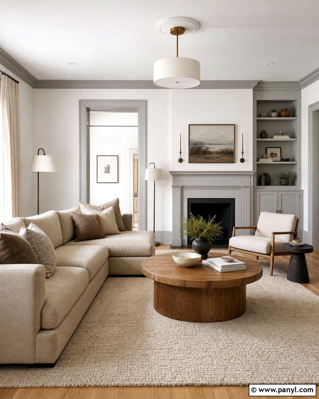 White Living Room With Soft Grey Trim - 30 White Walls Grey Trim Ideas