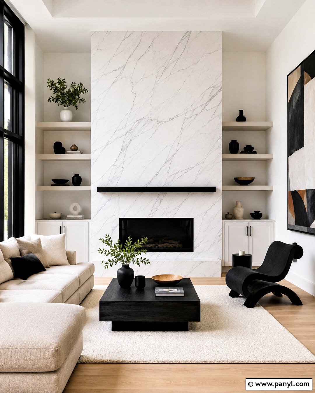 White Marble And Black Firebox Fireplace - 20 black and white fireplace ideas
