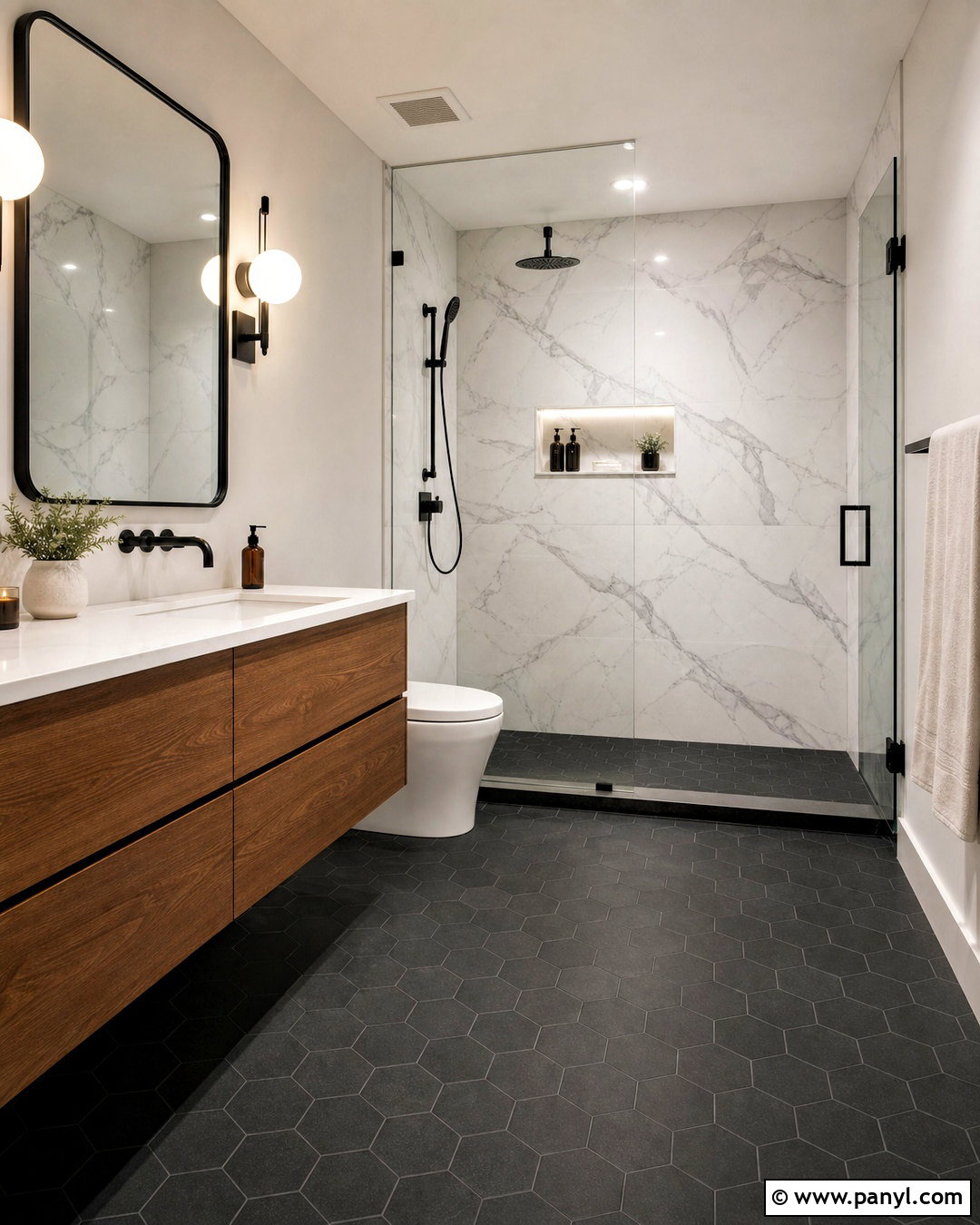 White Marble And Black Hex Bathroom Tile Combination - 20 tiles combination for bathroom ideas