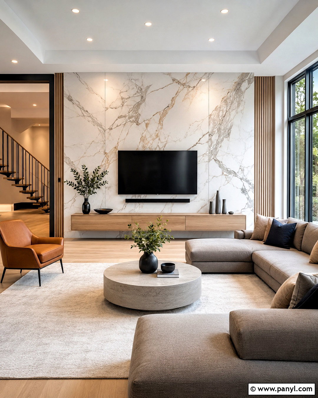 White Marble TV Wall - 20 marble wall living room ideas