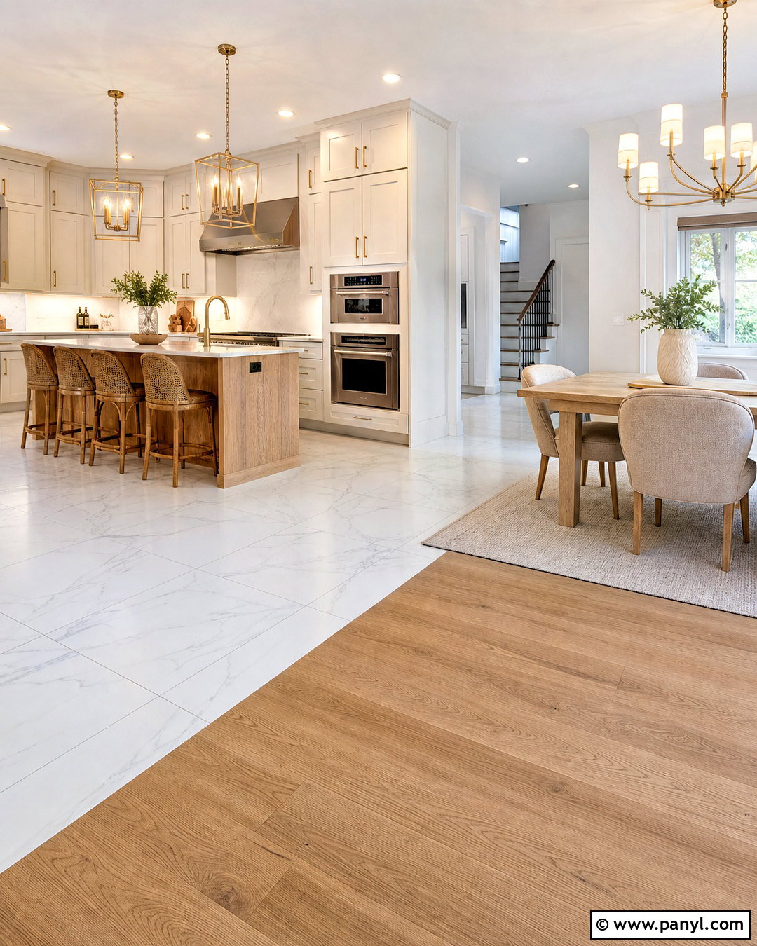 White Marble Tile And White Oak Hardwood - 20 tile and hardwood floor combination ideas