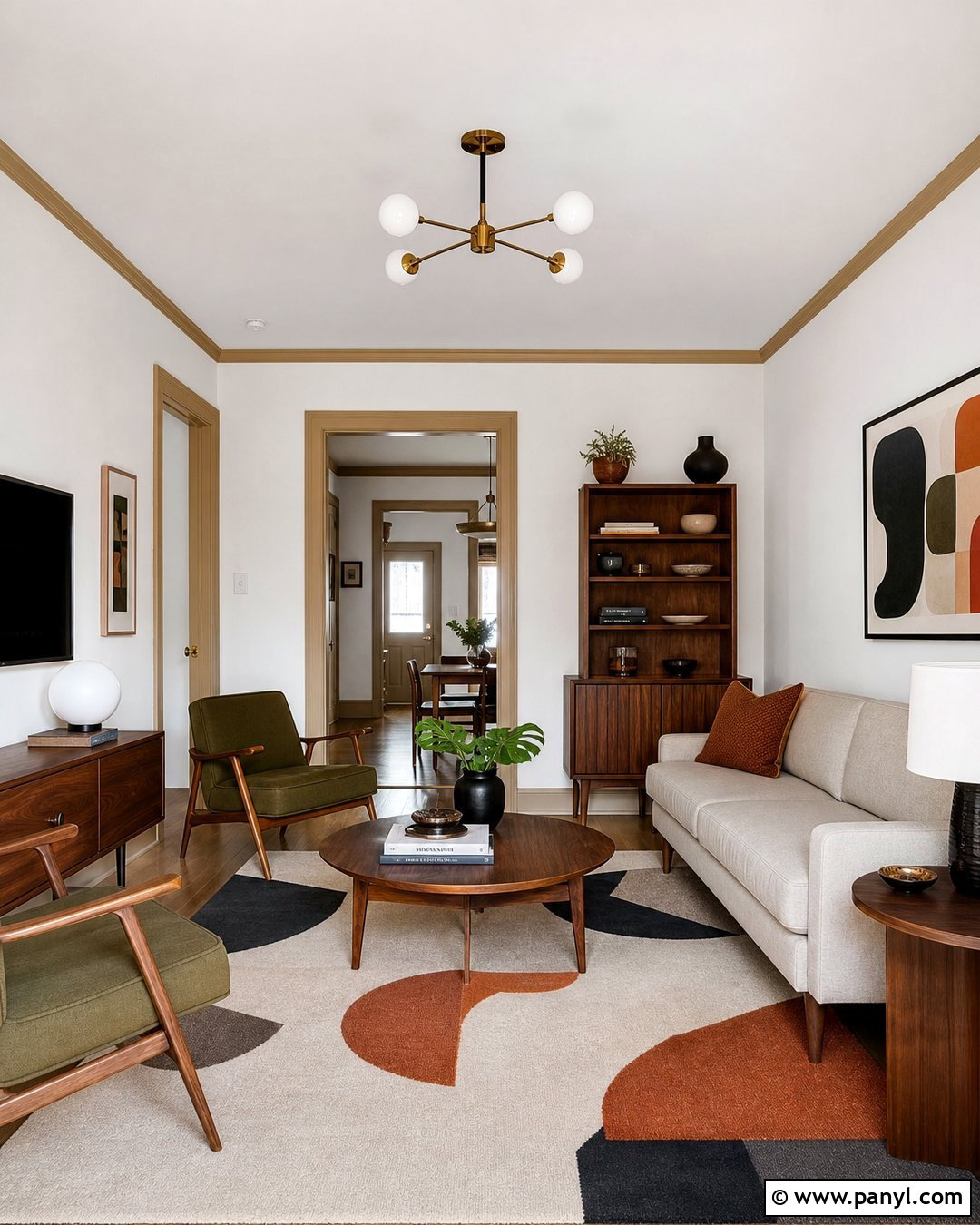White Midcentury Room With Beige Trim - 25 White Walls With Beige Trim Ideas