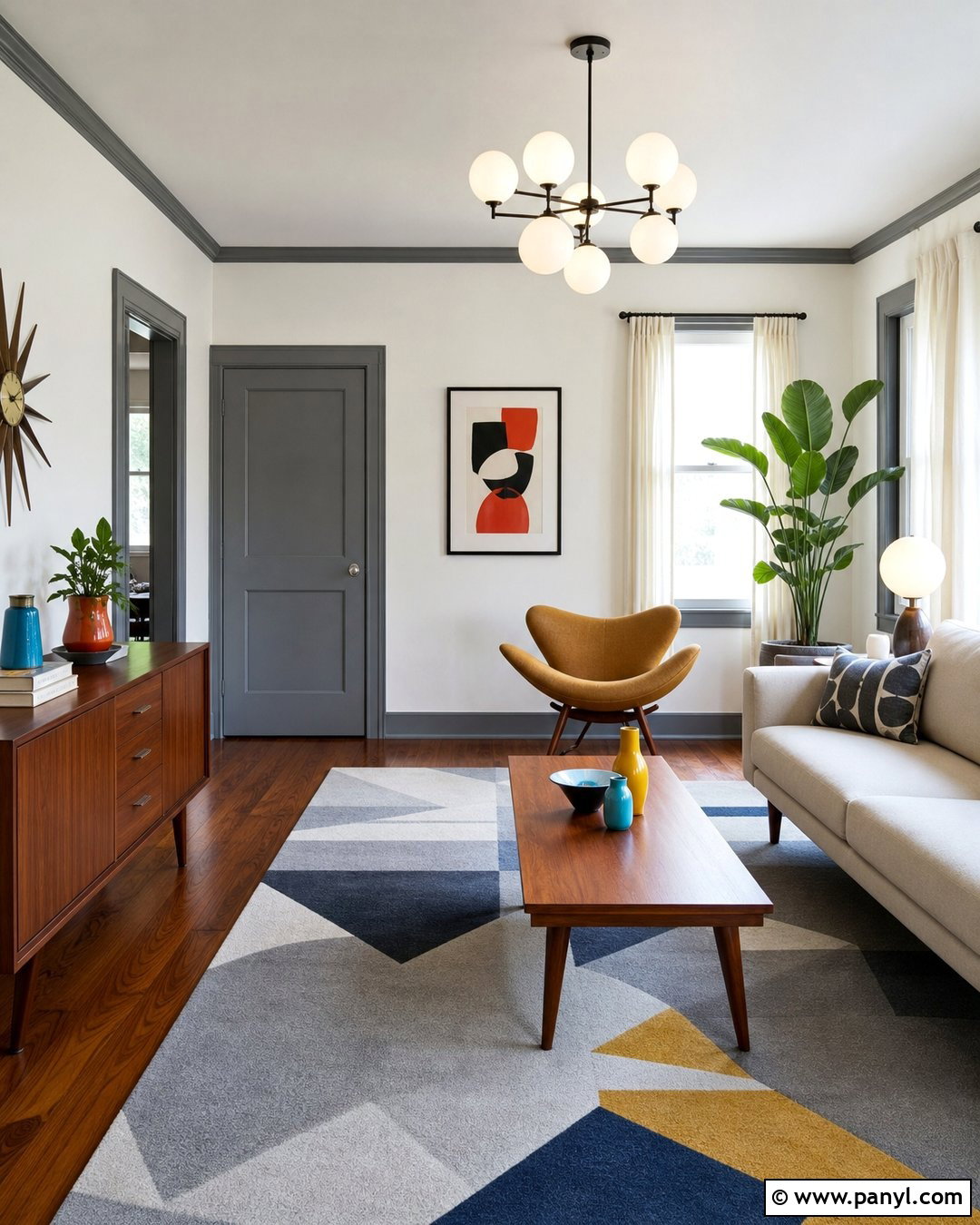 White Midcentury Room With Grey Trim - 30 White Walls Grey Trim Ideas