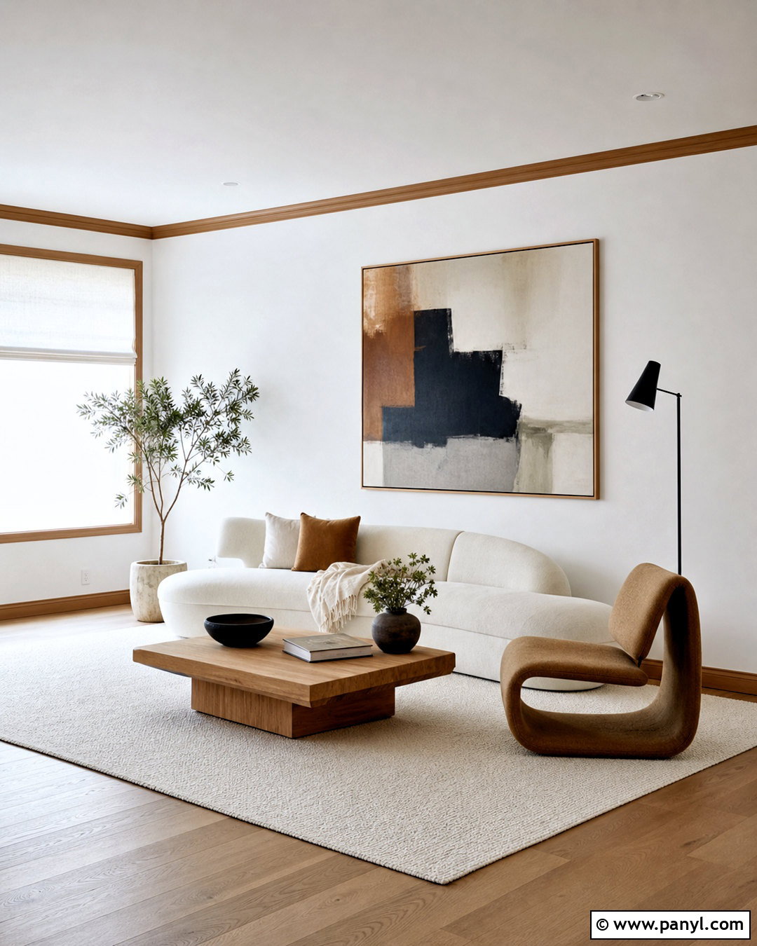 White Minimalist Room With Oak Trim - 20 white walls with wood trim ideas