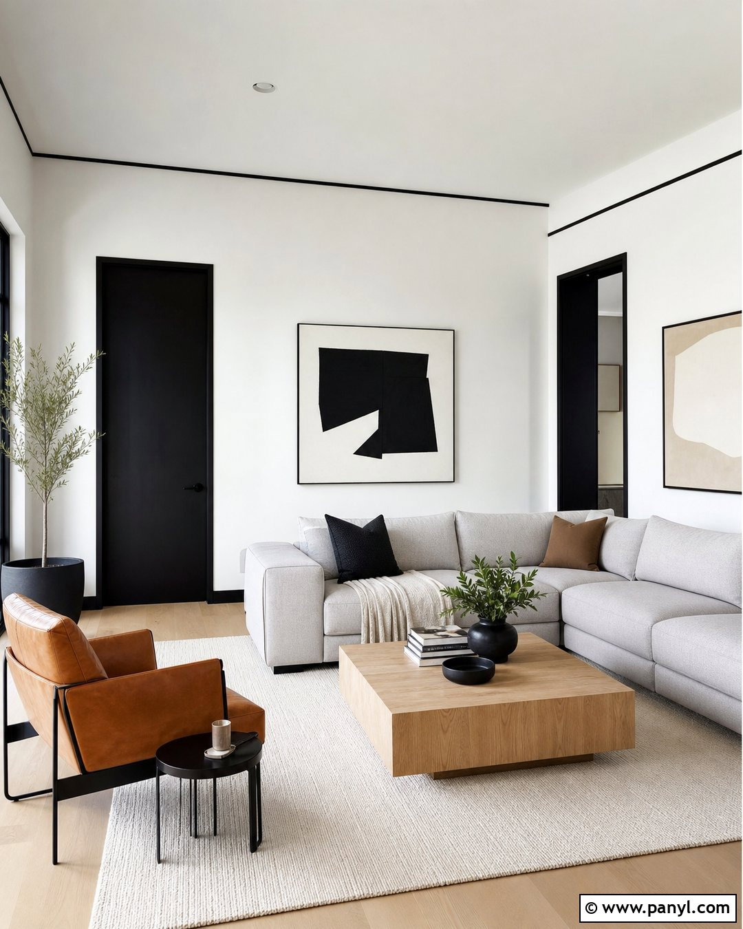 White Modern Living Room With Thin Black Trim - 25 White Wall With Black Trim Ideas