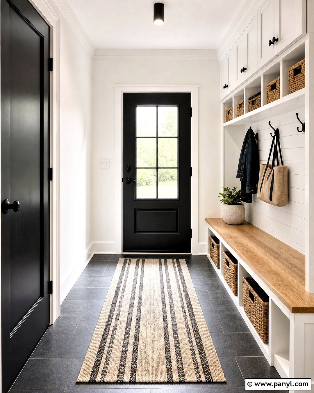 White Mudroom With Black Door - 20 white walls with black doors