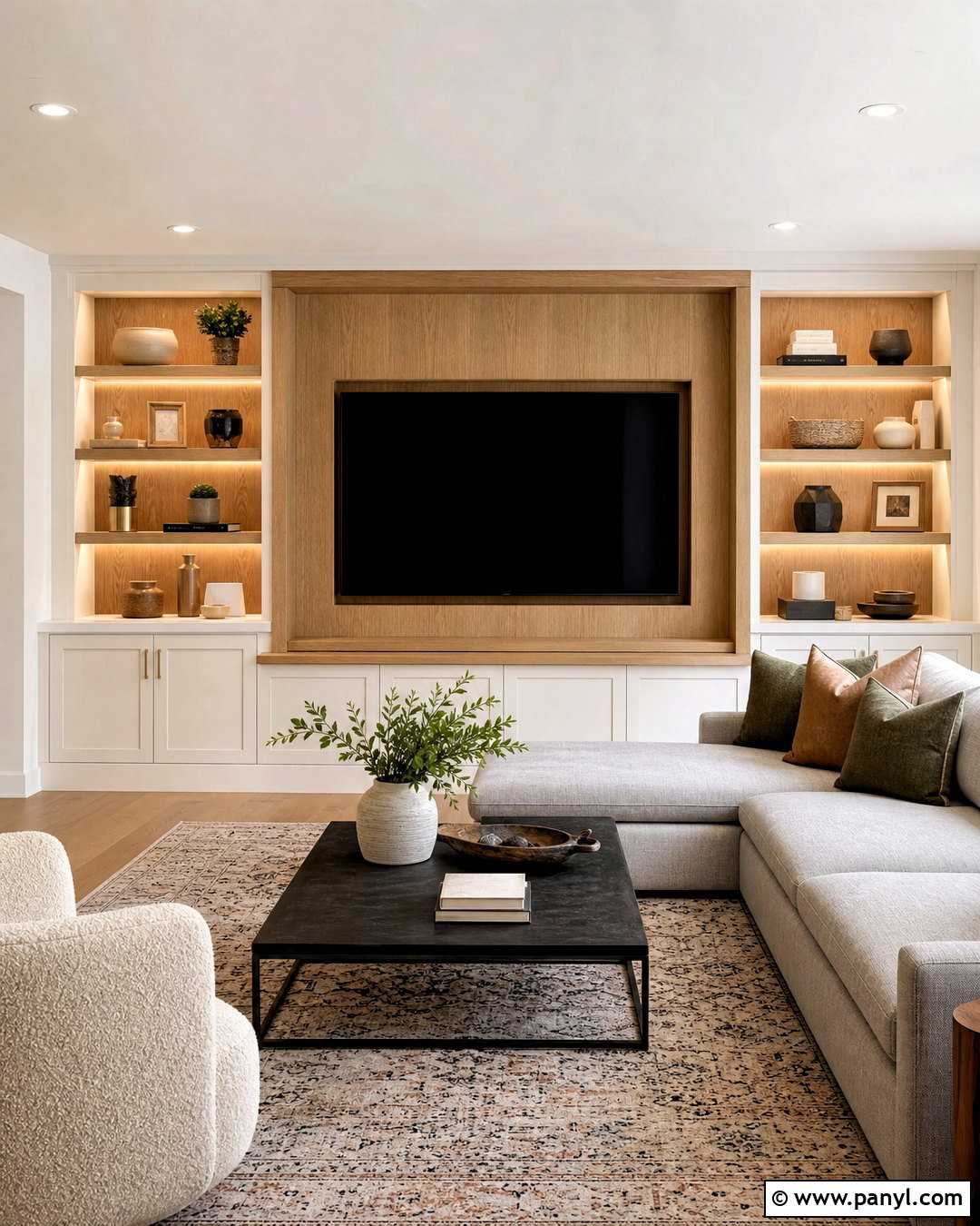 White Oak Built-In TV Accent Wall - 20 behind tv accent wall ideas
