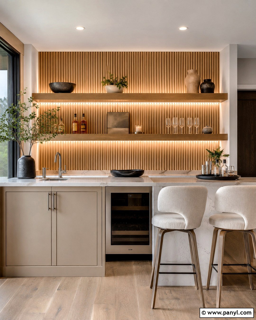 White Oak Fluted Home Bar Accent Wall - 20 Home Bar Accent Wall Ideas