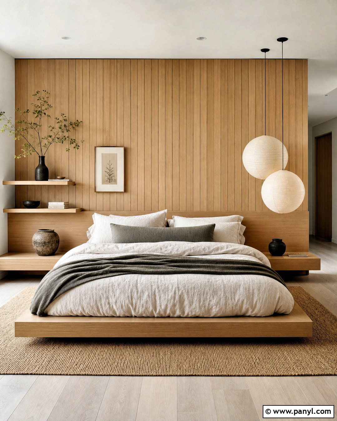 White Oak Japandi Wood Wall - 20 wood accent wall bedroom ideas