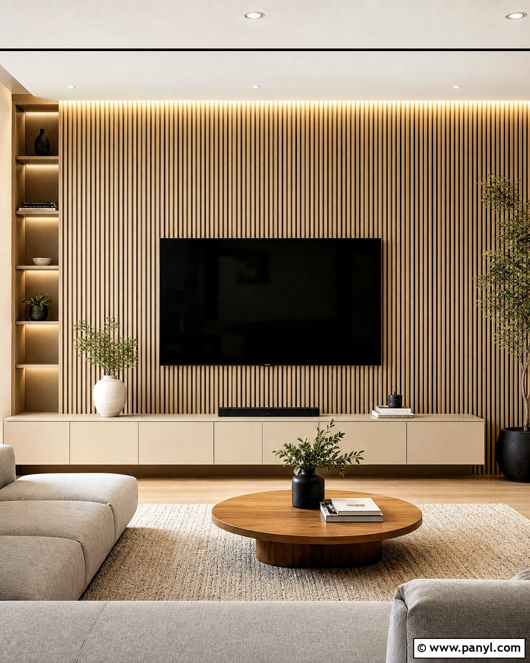 White Oak Slat TV Accent Wall - 20 neutral accent wall ideas