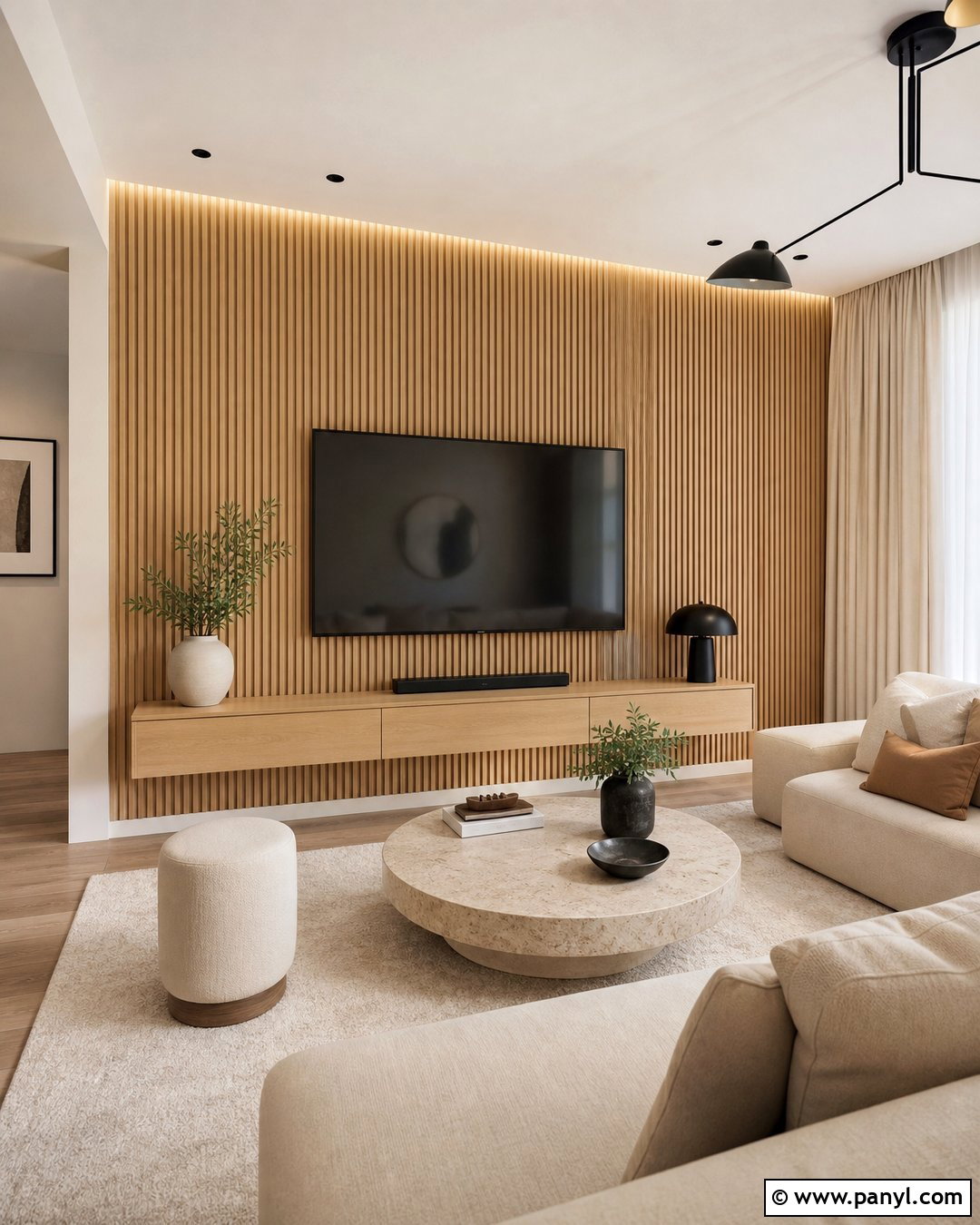 White Oak Slat Wall Living Room - 20 Neutral Color Slat Wall Ideas