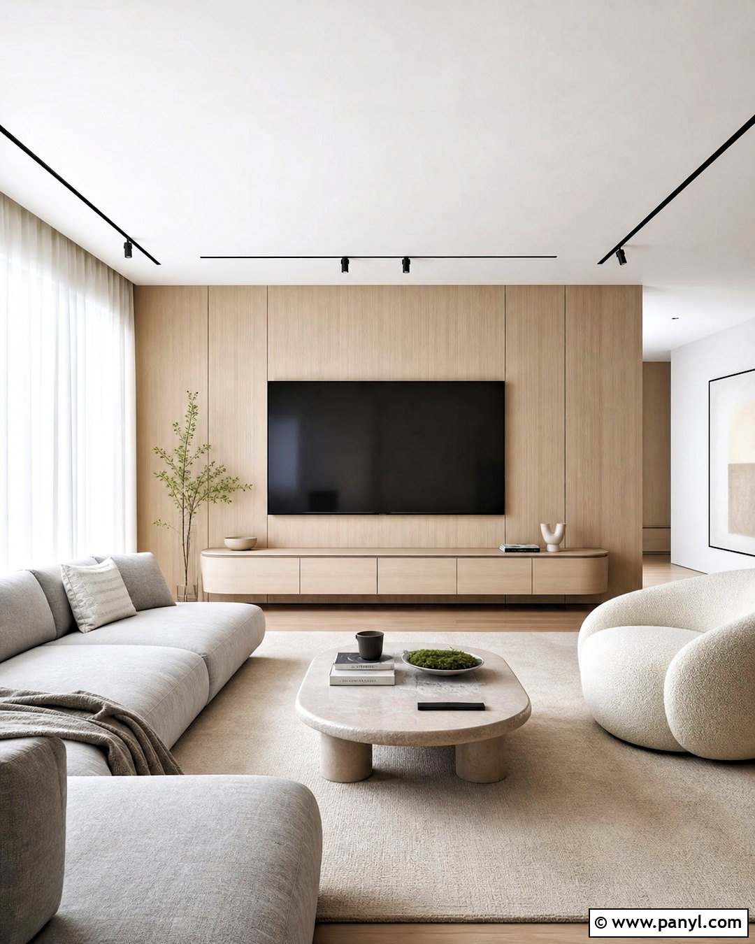 White Oak Wood TV Wall - 20 wood behind tv on wall ideas