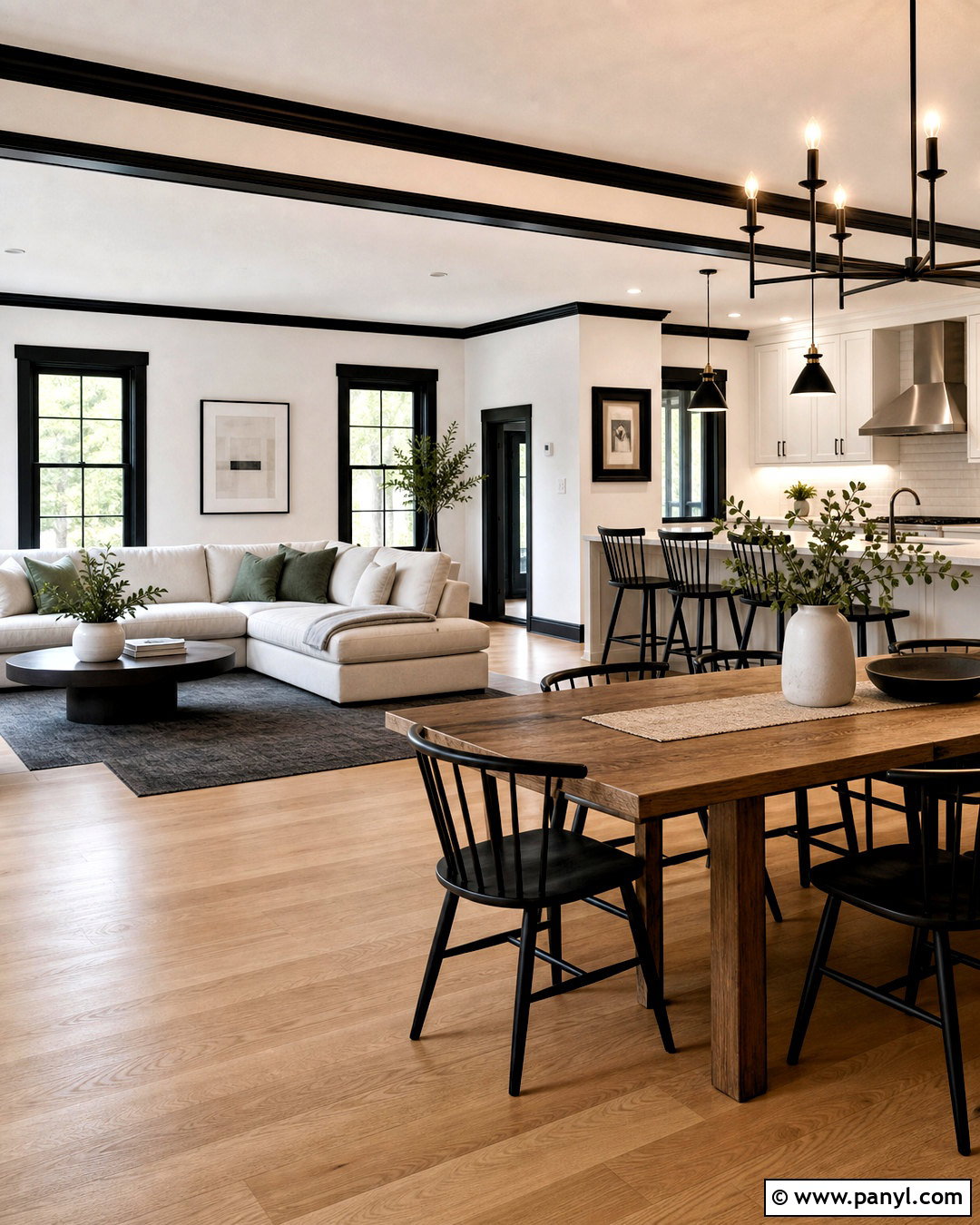 White Open-Concept Room With Black Trim - 20 white room black trim ideas