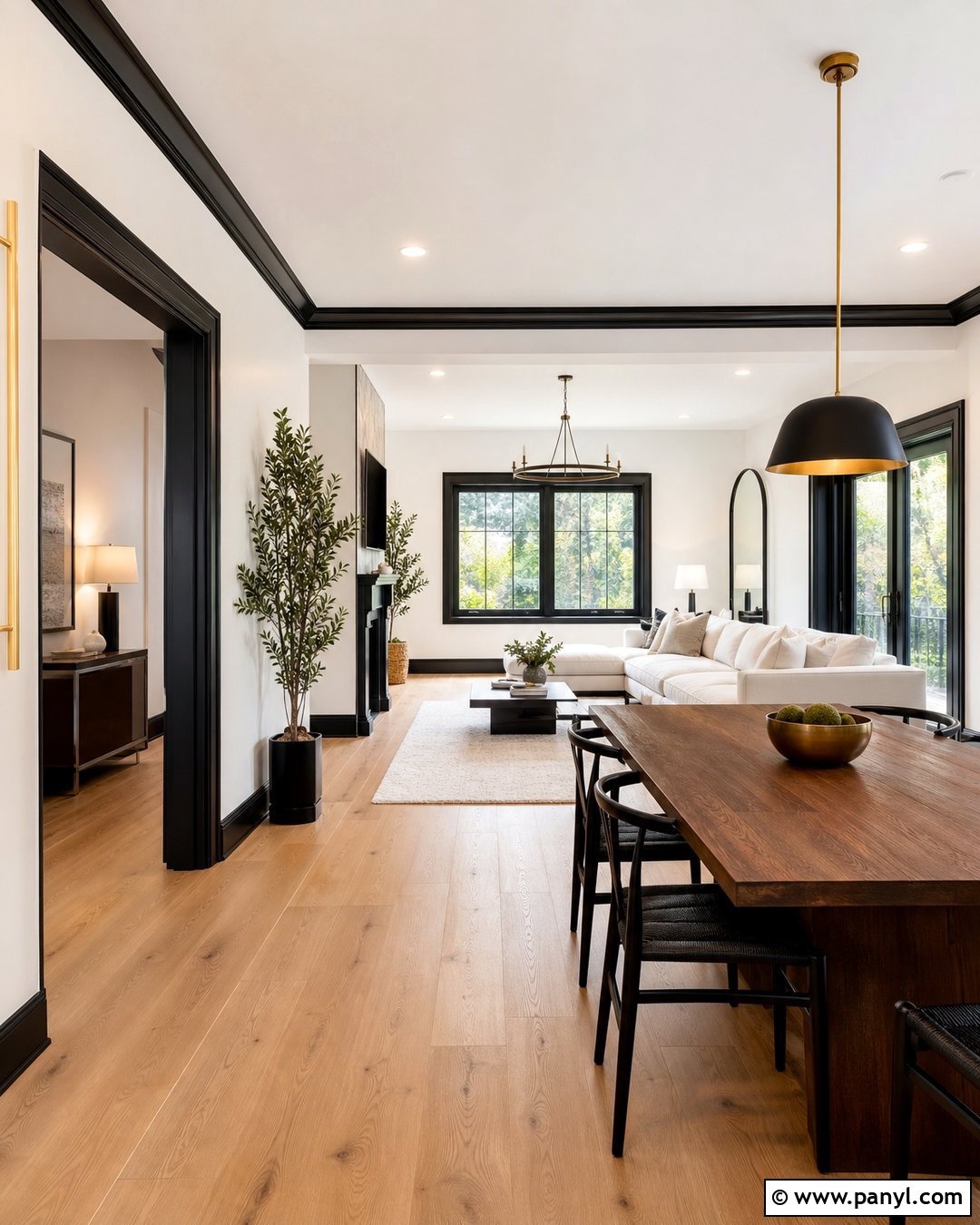 White Open-Plan Room With Black Trim - 25 White Wall With Black Trim Ideas