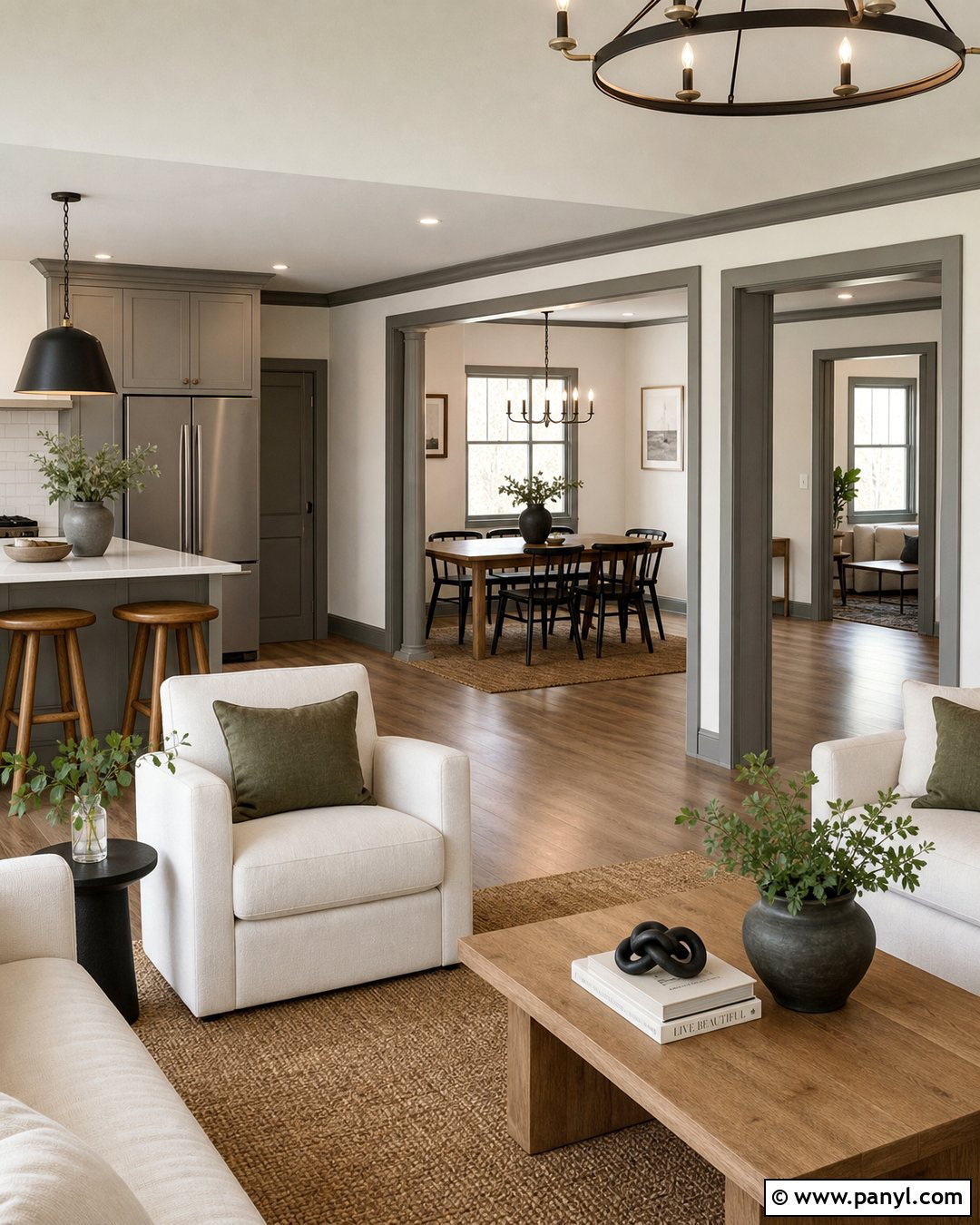 White Open Plan Room With Grey Trim - 30 White Walls Grey Trim Ideas