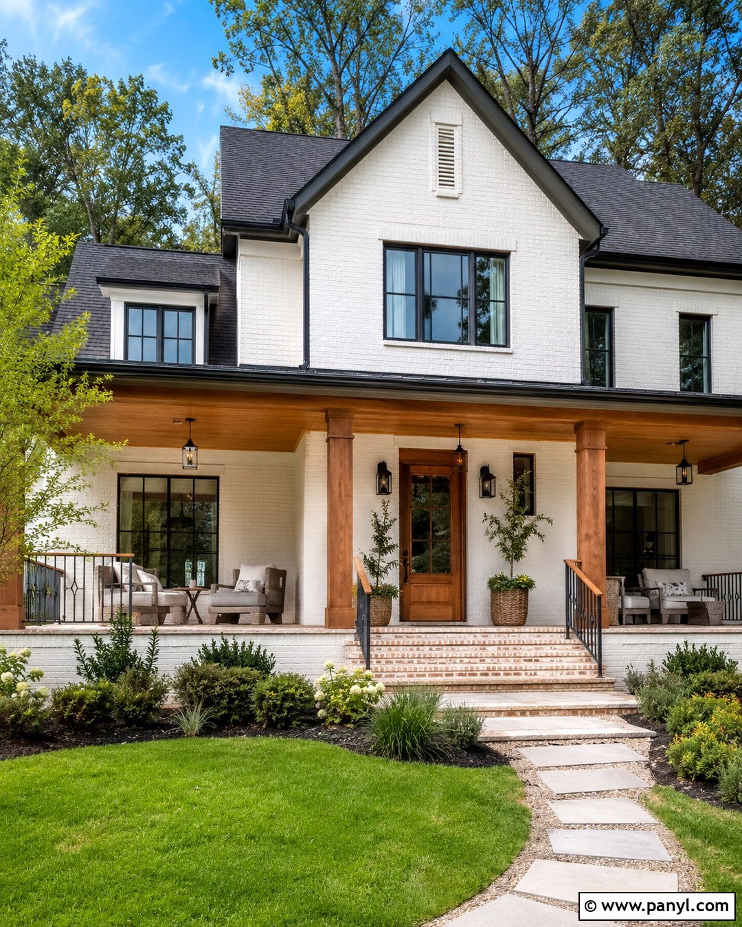 White Painted Brick With A Natural Wood Porch - 20 Red Brick Painted White Before And After Ideas