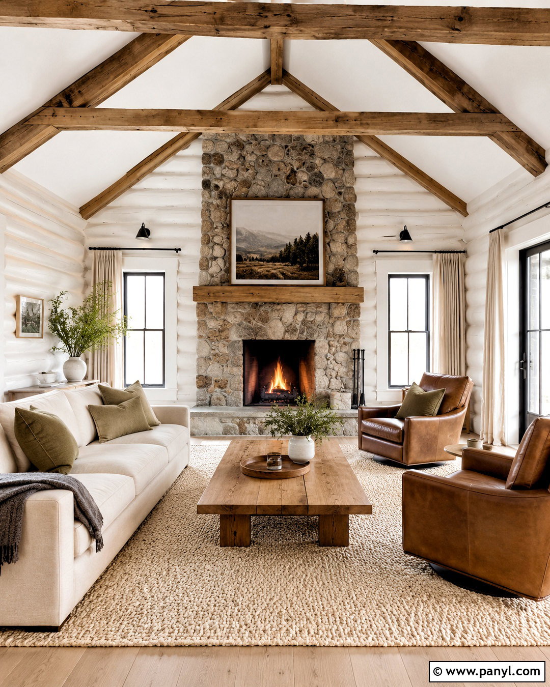 White Painted Log Living Room - 20 painted log home interior ideas