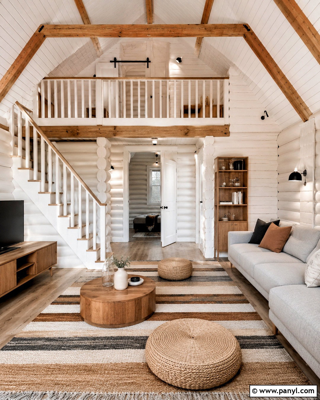 White Painted Log Loft - 20 painted log home interior ideas