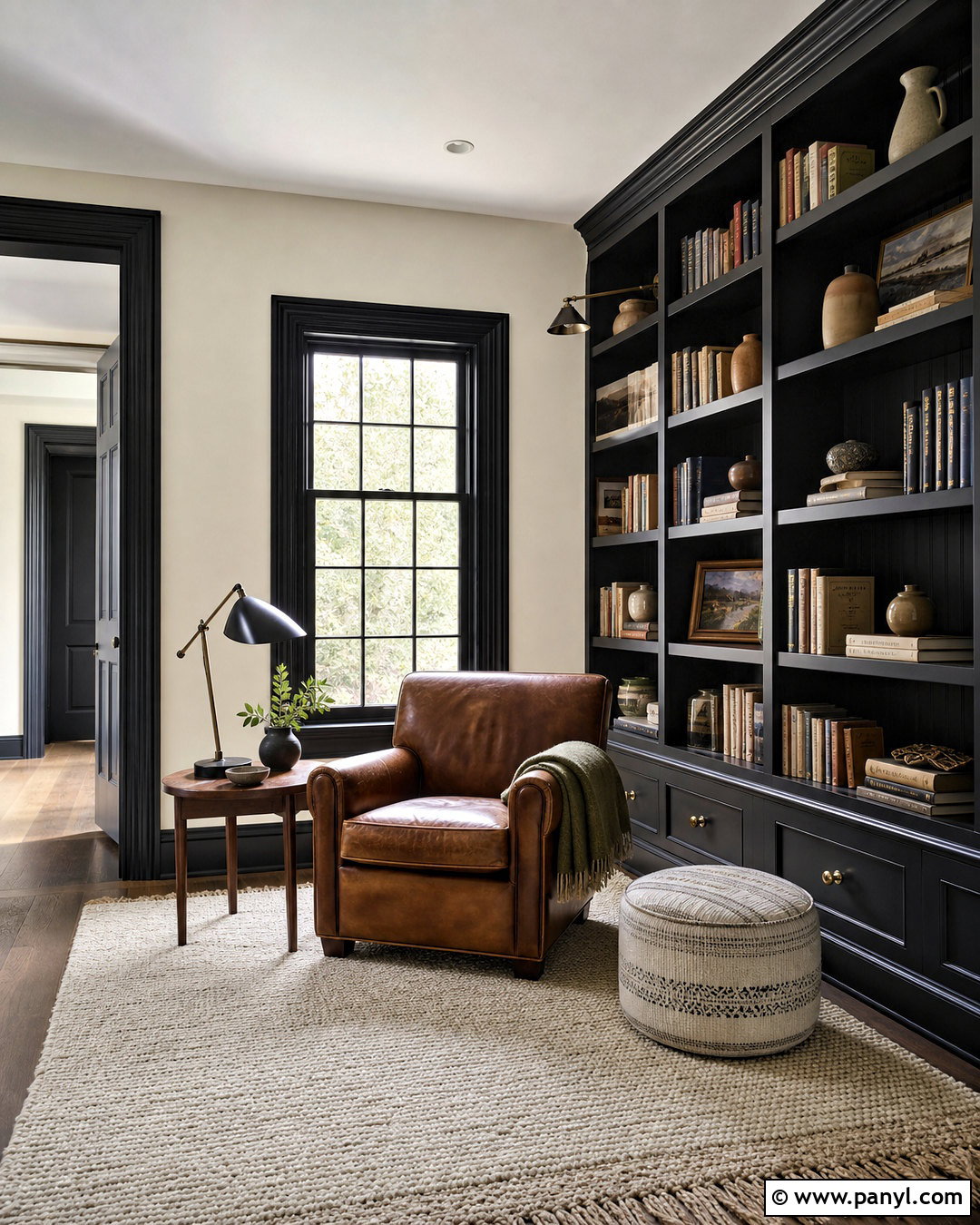 White Reading Room With Black Bookshelf Trim - 20 white room black trim ideas