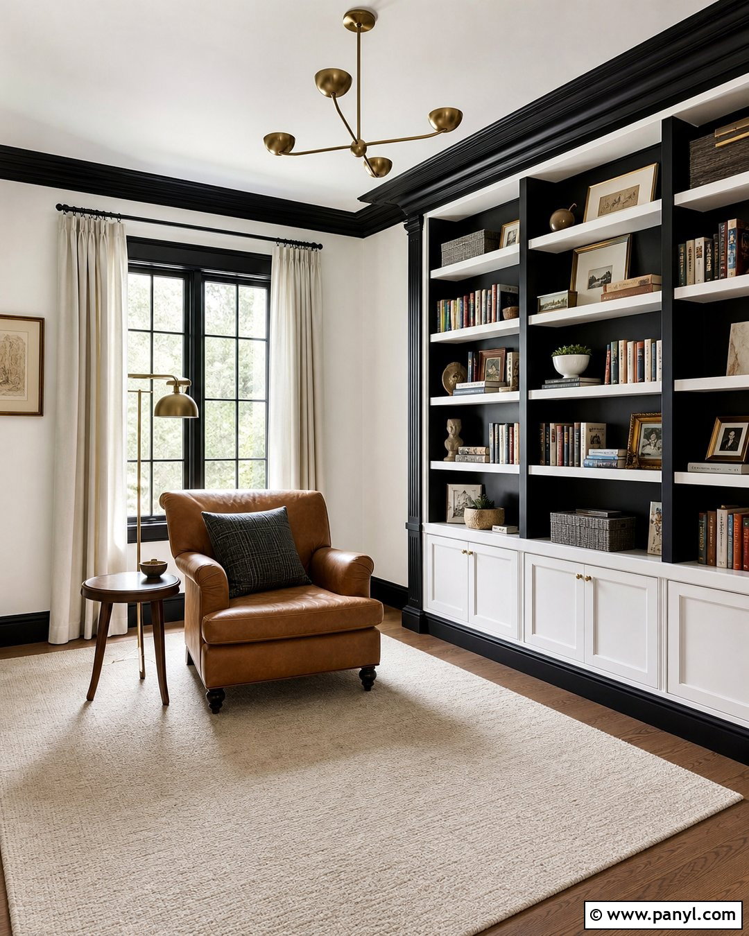 White Reading Room With Black Built-In Trim - 25 White Wall With Black Trim Ideas