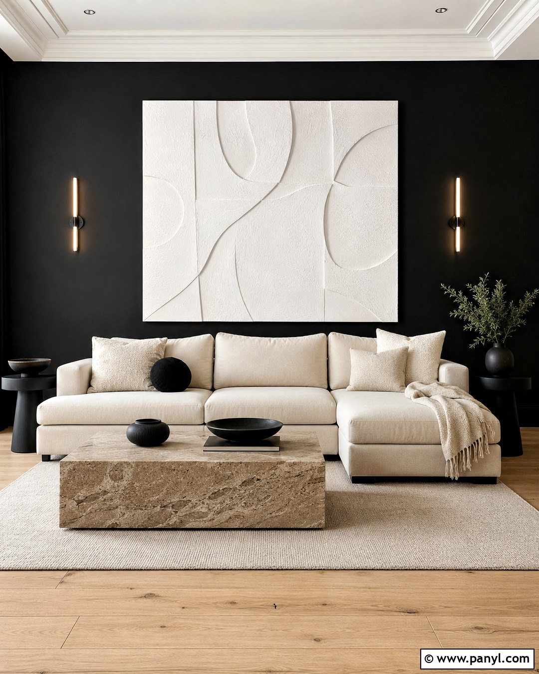 White Relief Panel On A Black Accent Wall - 20 White And Black Accent Wall Ideas