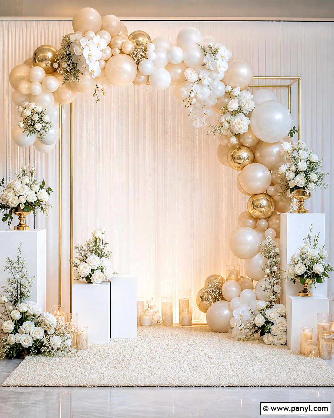 White Shimmer Wall With Gold Wedding Balloons - 20 shimmer wall with balloons