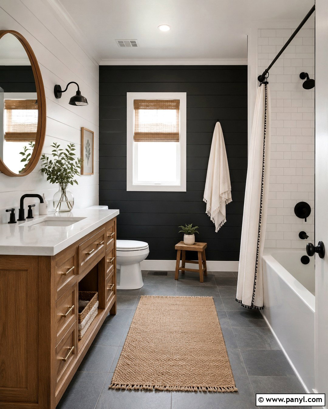 White Shiplap And Black Accent Wall Bathroom - 20 Farmhouse Bathroom Paint Colors Wall Ideas