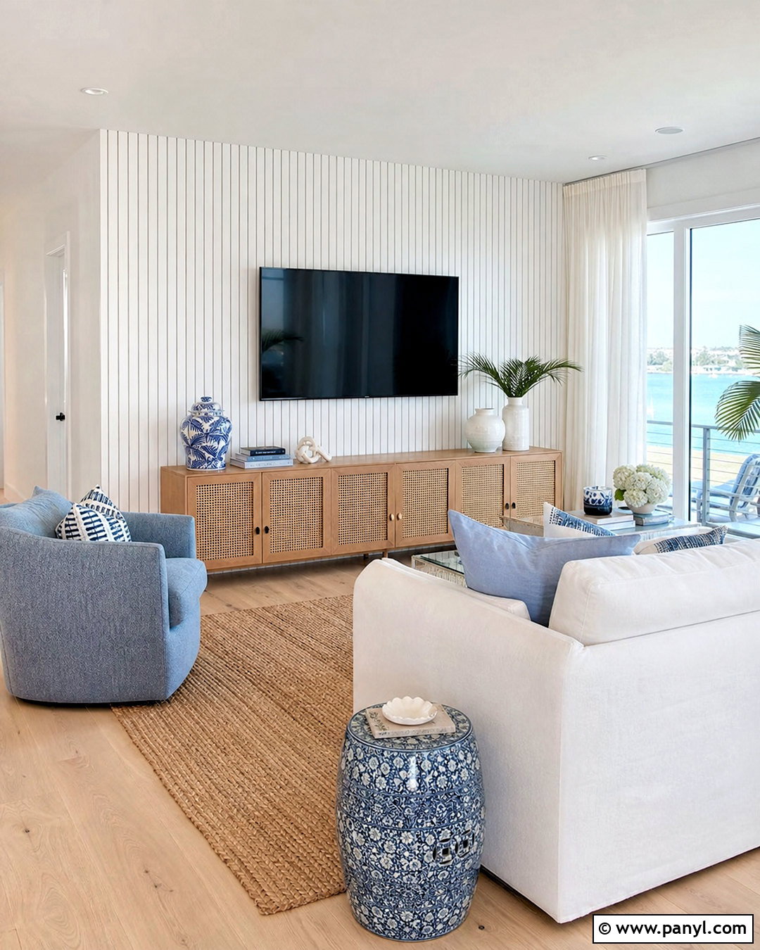 White Slat TV Wall With Coastal Decor - 20 slat wall behind tv ideas