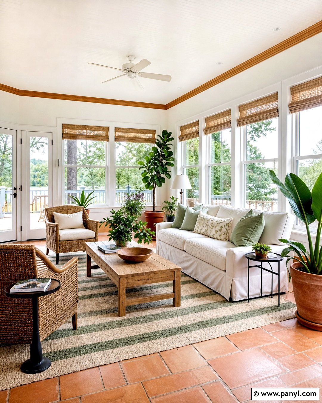 White Sunroom With Pine Trim - 20 white walls with wood trim ideas