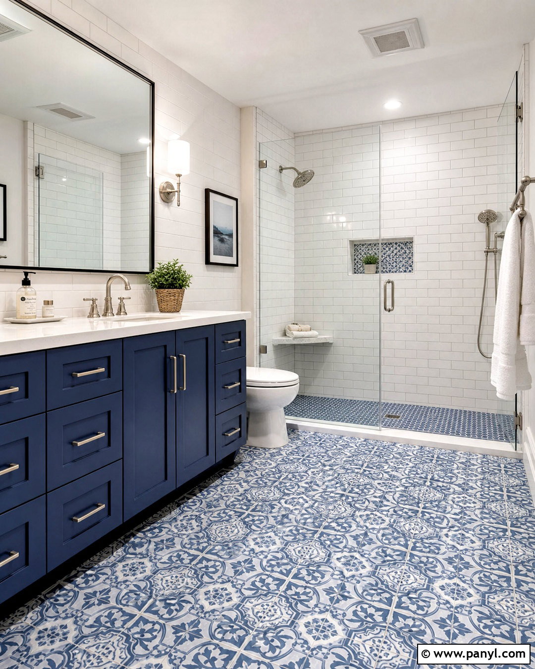 White Tile And Blue Patterned Floor Combination - 20 tiles combination for bathroom ideas