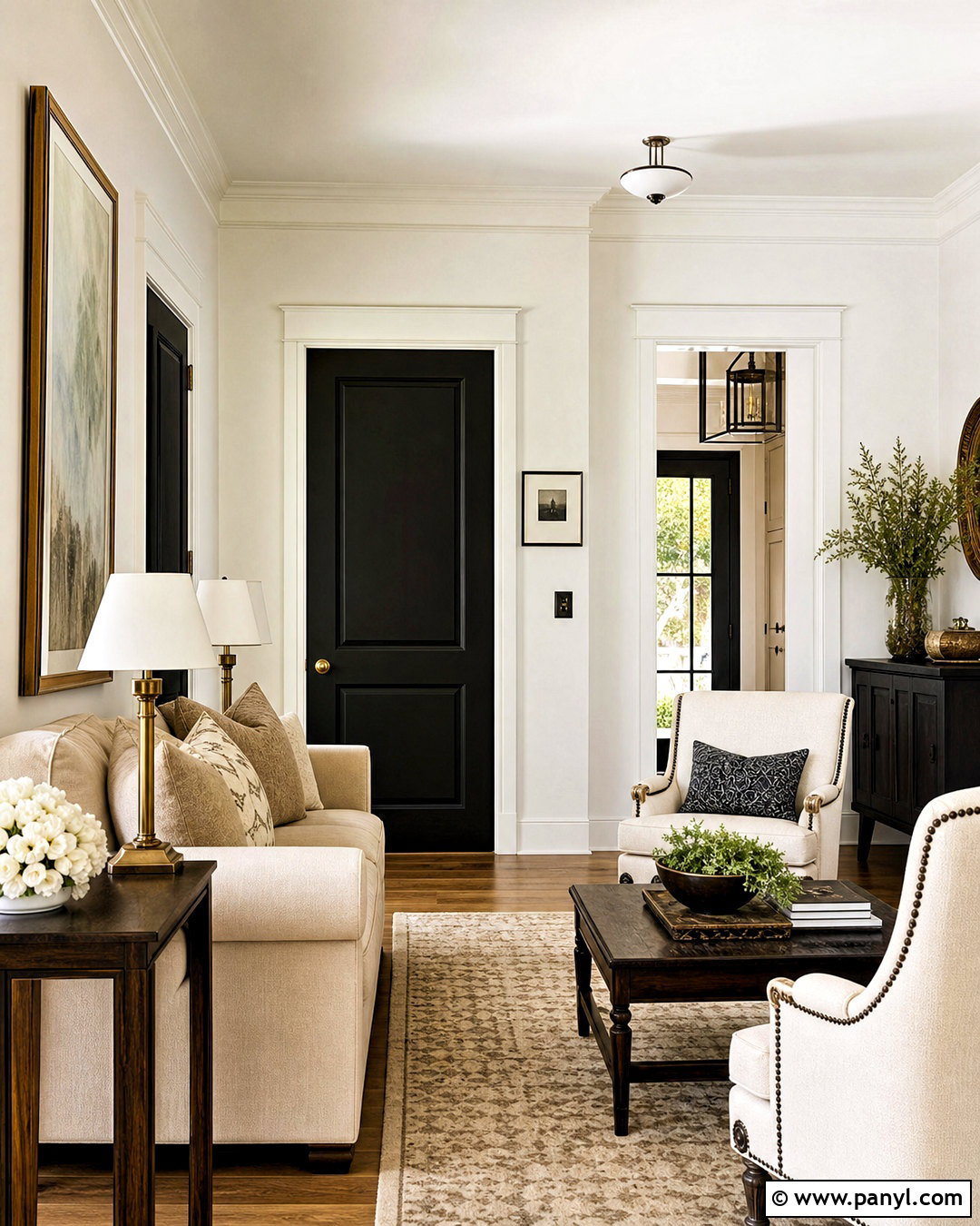 White Transitional Interior With Black Doors - 20 white walls with black doors