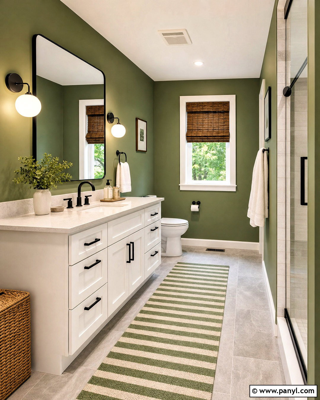 White Vanity and Green Walls - 20 green white bathroom ideas