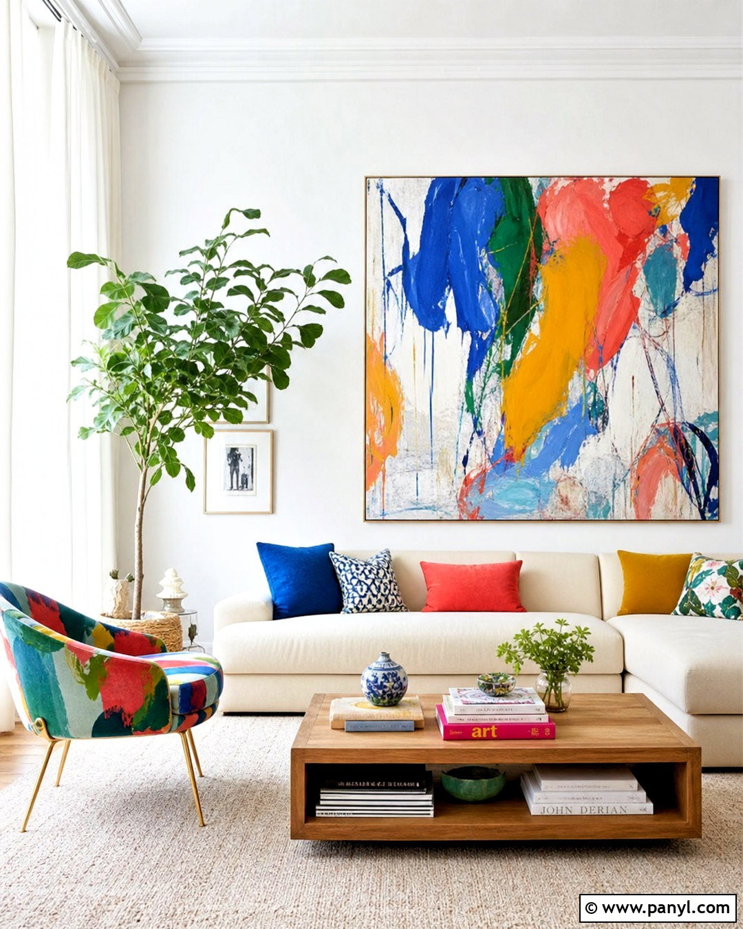White Wall Living Room With Colorful Art - 20 white wall living room ideas