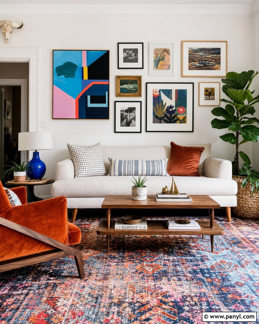 White Wall Living Room With Colorful Art - 30 White Wall Interior Ideas