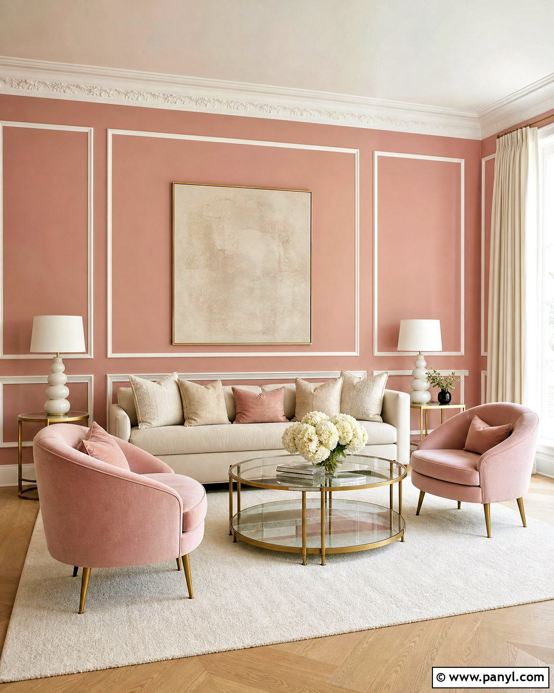White Wall With Pink Picture Frame Molding - 20 pink and white wall ideas