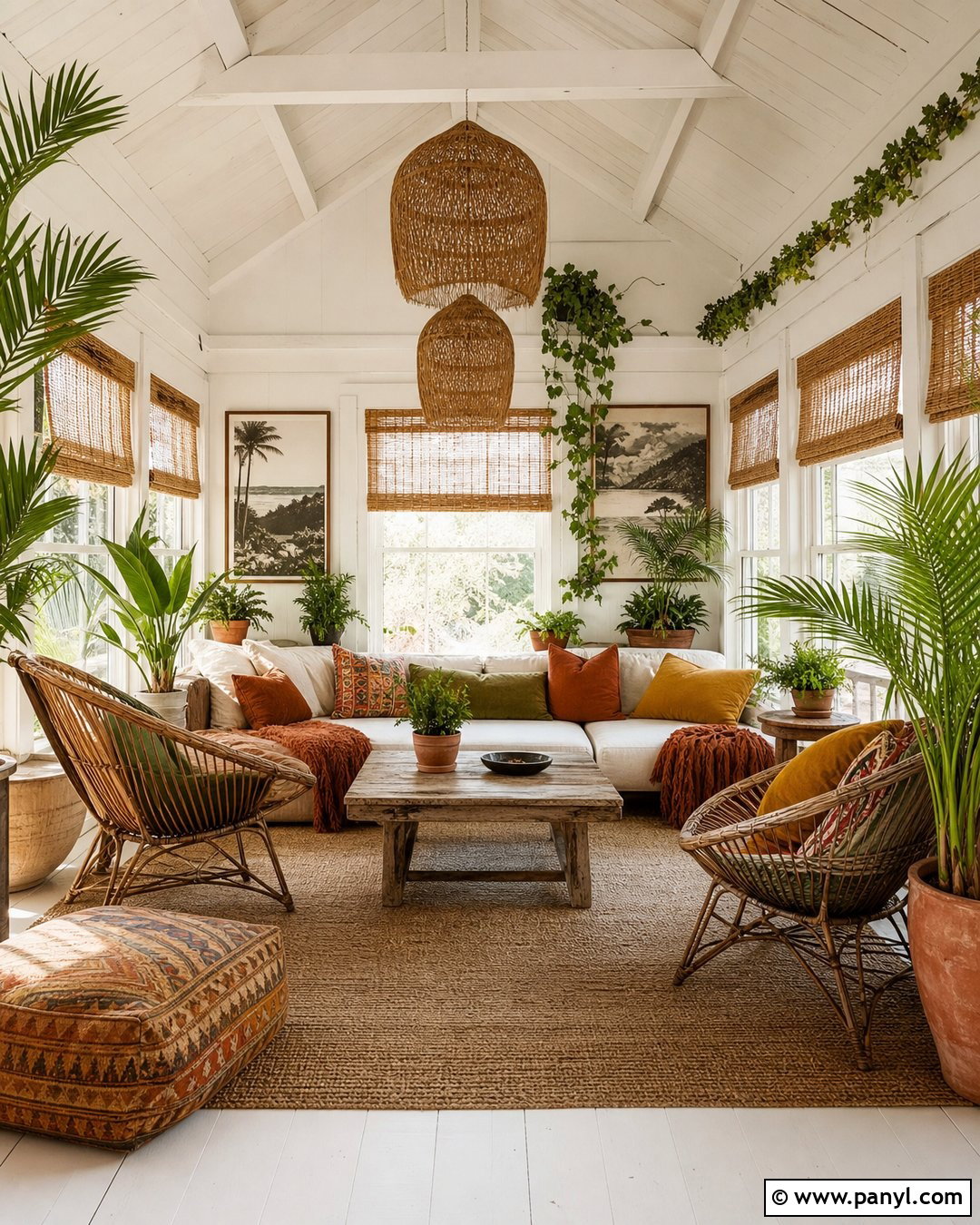 White Walls And Trim Boho Sunroom - 25 White Wall White Trim Ideas