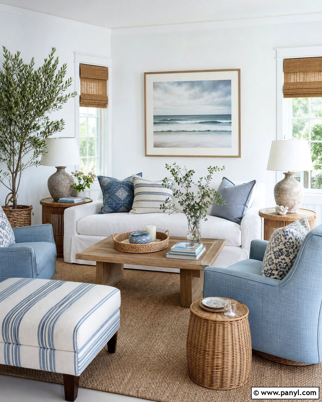 White Walls And Trim Coastal Living Room - 25 White Wall White Trim Ideas