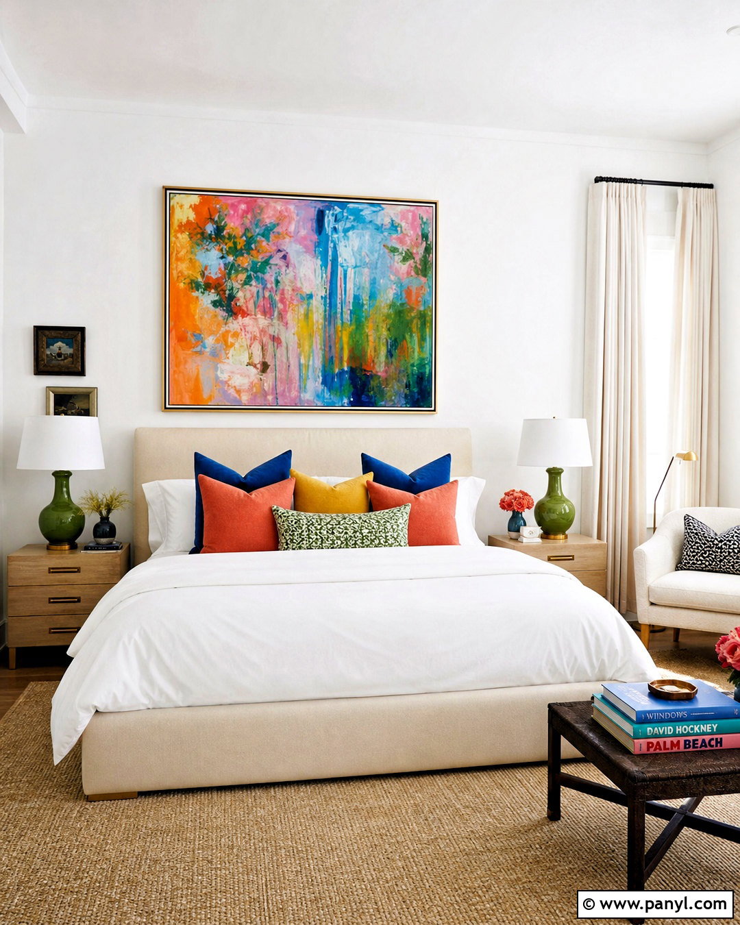 White Walls Bedroom With Colorful Artwork - 20 white walls bedroom ideas