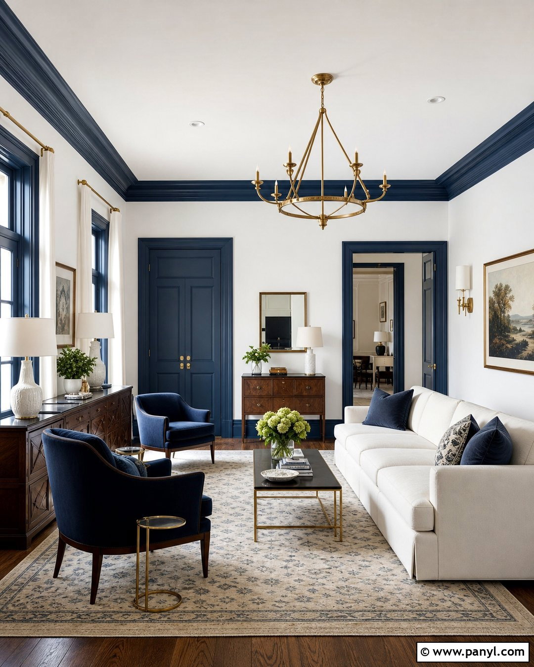 White Walls With Blue Trim And Brass Accents - 30 White Walls Blue Trim Ideas
