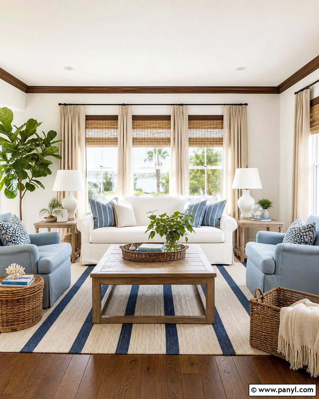White Walls With Brown Trim Coastal Living Room - 30 White Walls Brown Trim Ideas