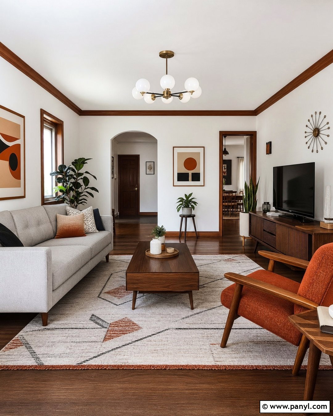 White Walls With Brown Trim Midcentury Living Room - 30 White Walls Brown Trim Ideas