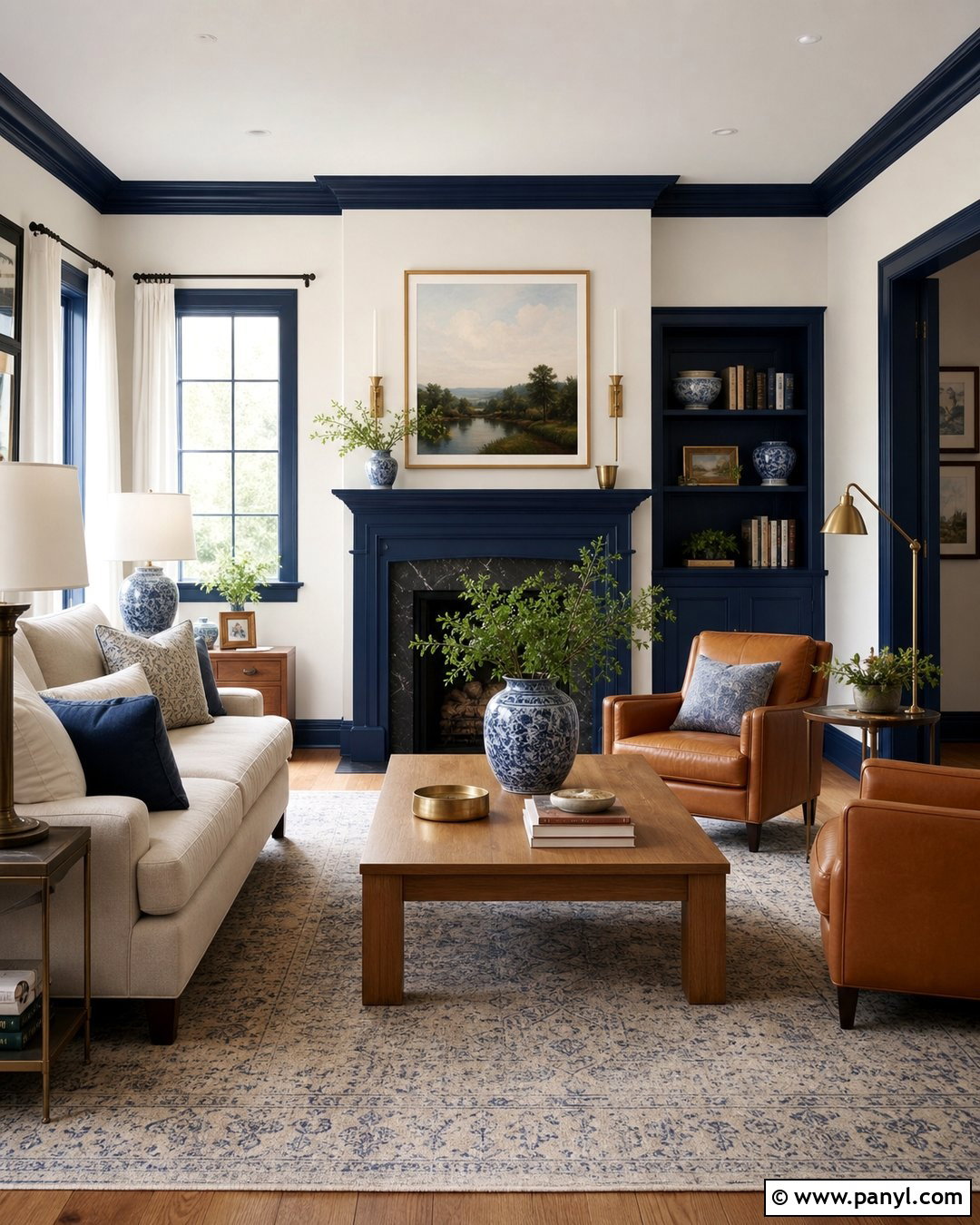 White Walls With Navy Blue Trim Living Room - 30 White Walls Blue Trim Ideas