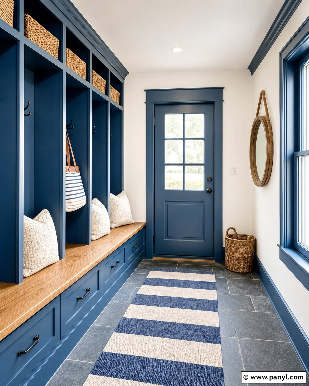 White Walls With Ocean Blue Trim Mudroom - 30 White Walls Blue Trim Ideas