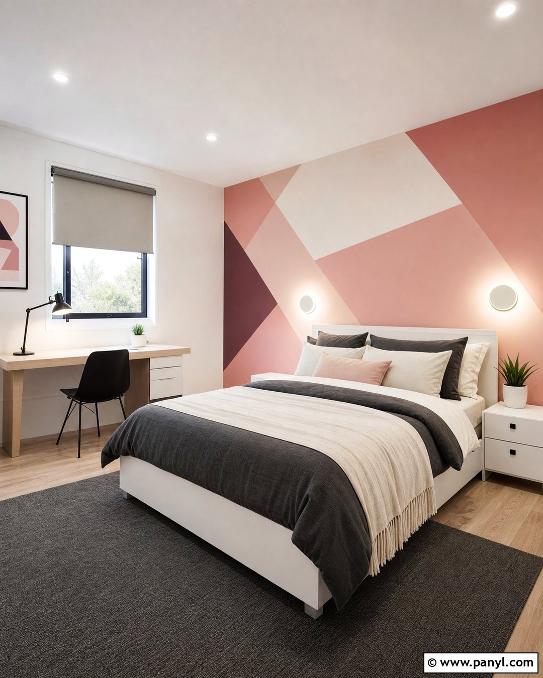 White Walls With Pink Geometric Mural - 25 White Pink Walls