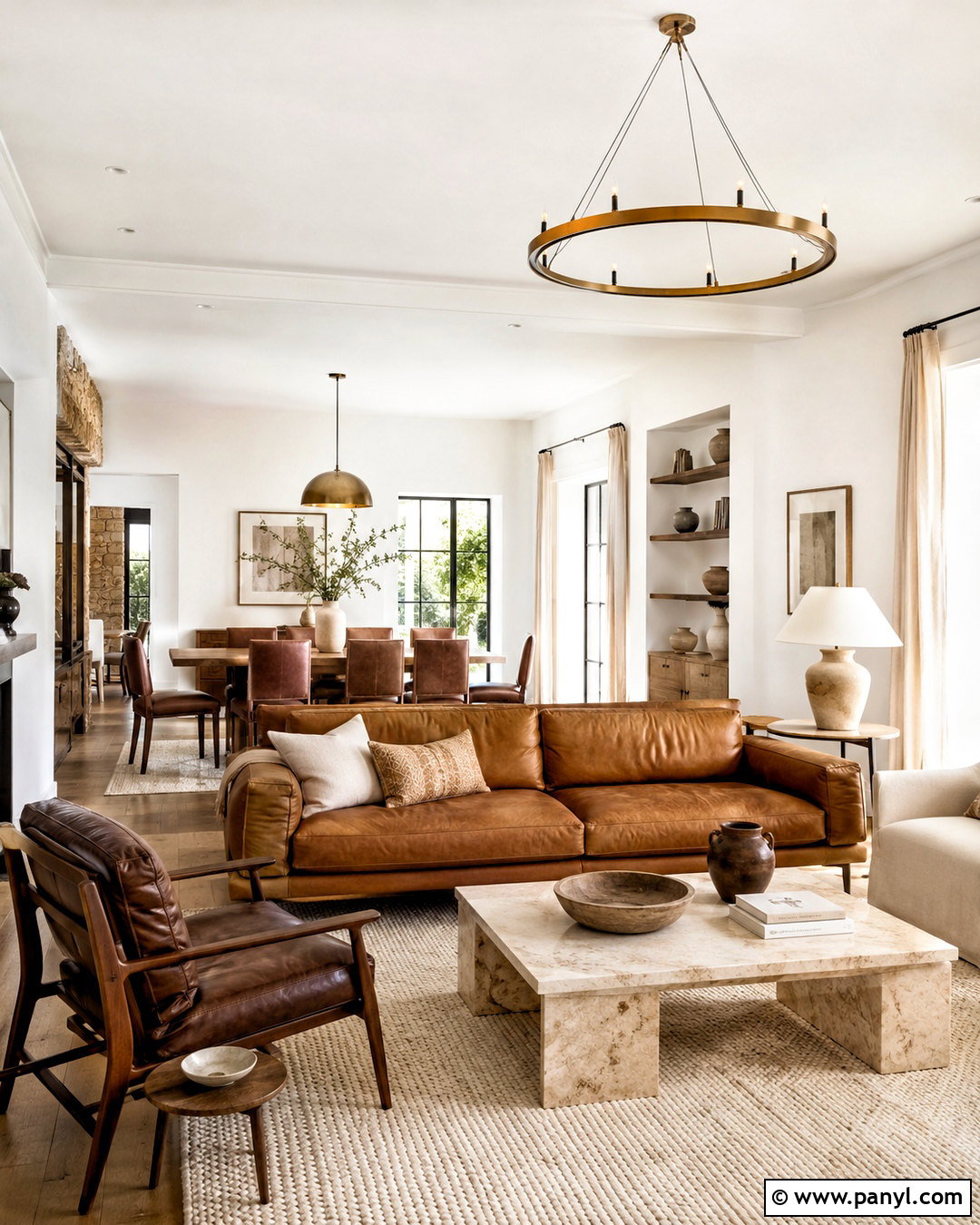 White Walls With Stone And Leather - 20 White Walls Throughout House Ideas