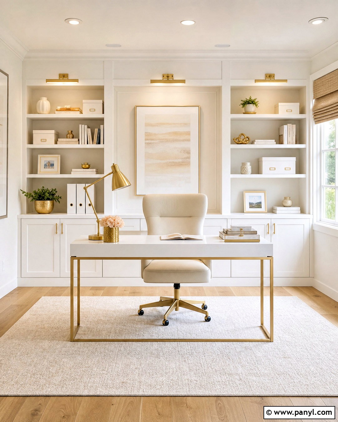 White and Gold Home Office - 20 white and gold interior design ideas